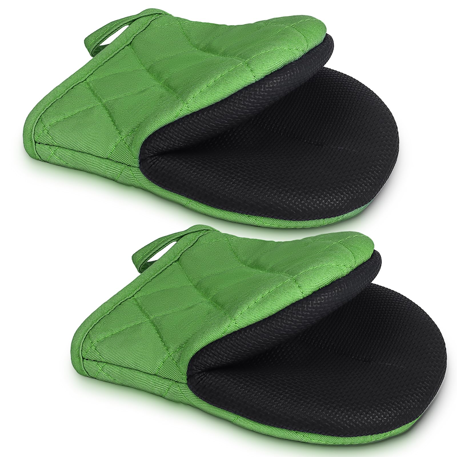 View 1 of 1 Pair Short Oven Mitts - Silicone Kitchen Oven Gloves High Heat Resistant 500?, Mini Oven Mits with Non-Slip Grip Surfaces and Hanging Loop for BBQ, Baking, Cooking and Grilling (Green)