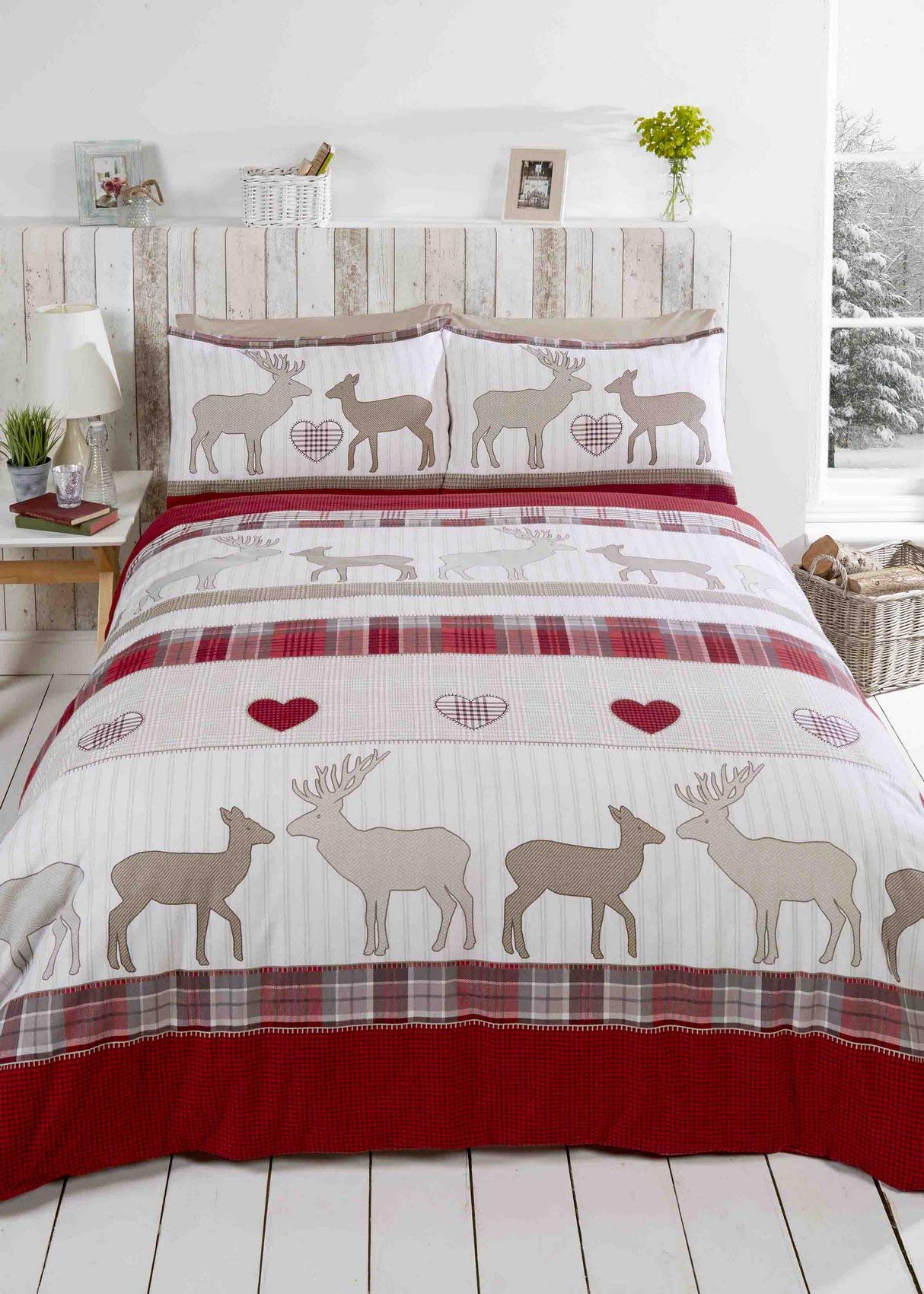 Rapport, Flanelette St Andrews Duvet Cover Bedding Bed Set Brushed Cotton, Red, Single