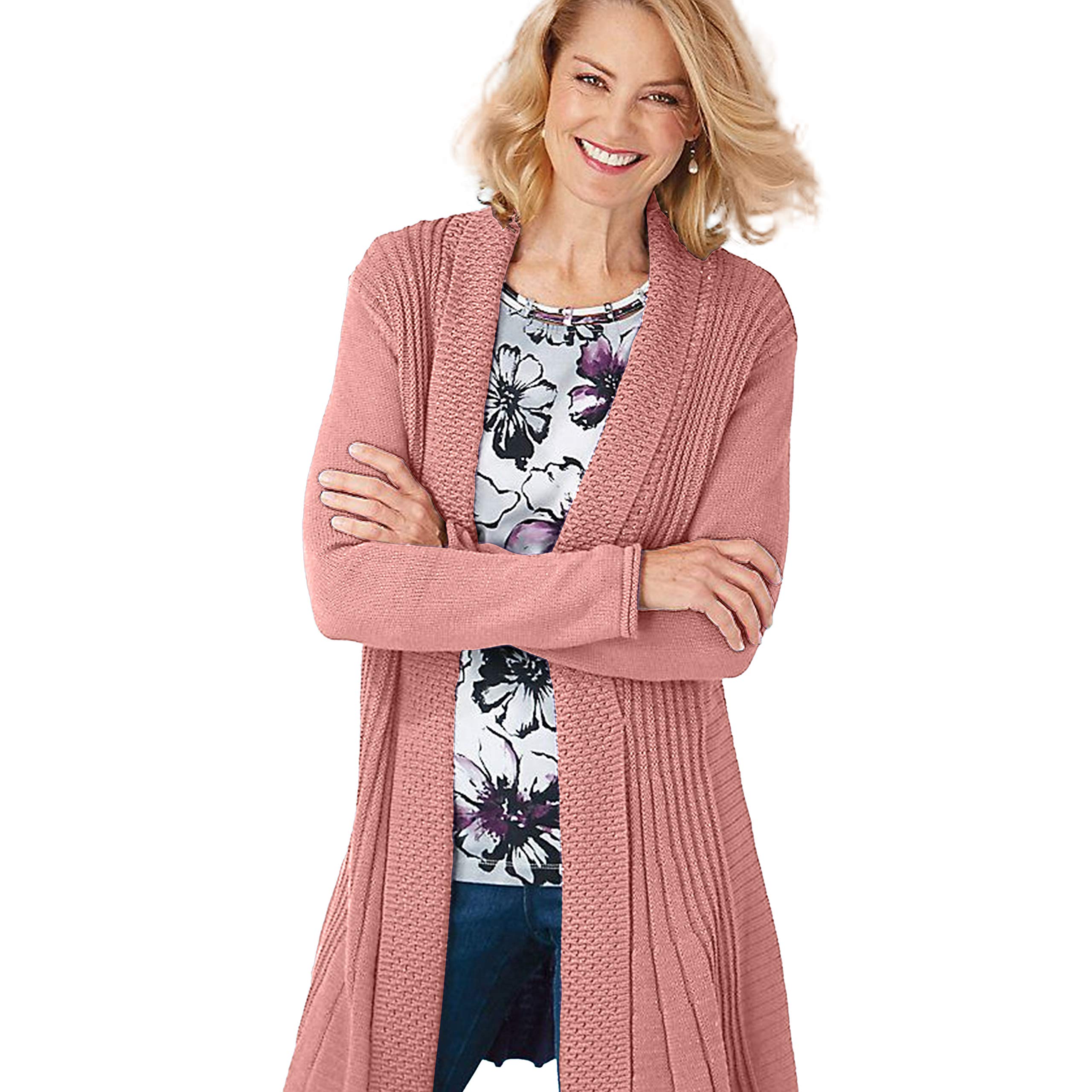 Cardigans for Women Long Sleeve Midweight Swingy Knit Cardigan Sweater W/Pocket-Dusty Mauve (3X) - Image 3
