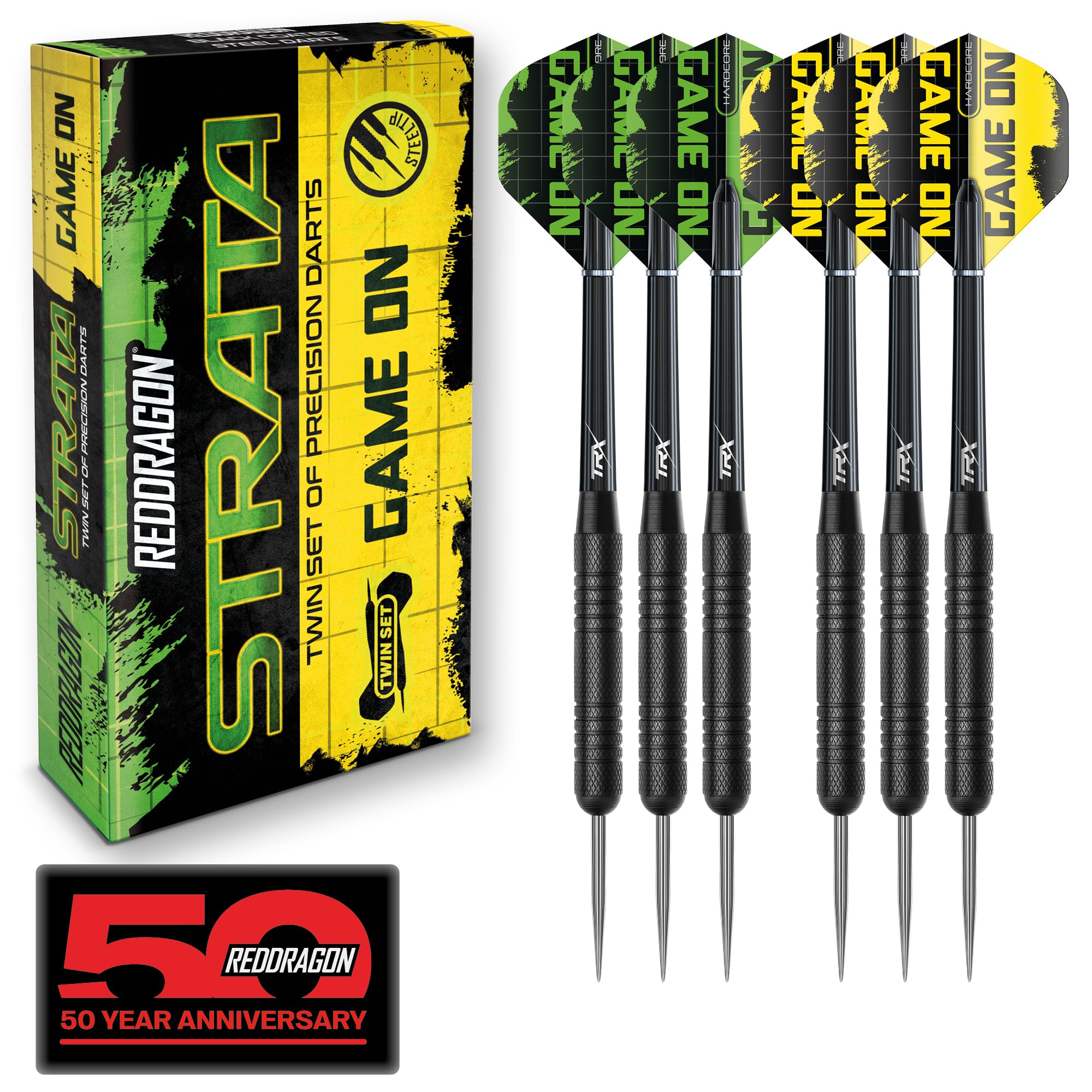 Red Dragon Darts Set - Strata Game On Twin Set of Darts – 20g Black Steel Tip Dart with Flights and Shafts – Ideal for Beginners and Casual Players​