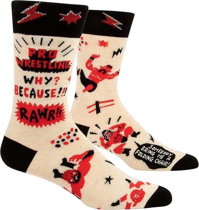 Pro Wrestling Socks. Blue Q Men's Funny Crew Socks (fits shoe size 712