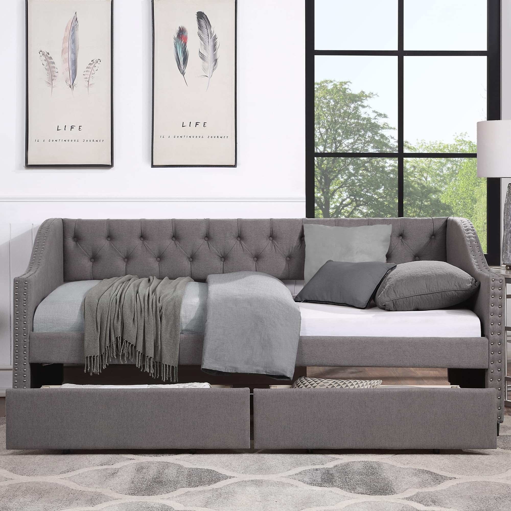 Photo 1 of ** MISSINGBOX 2/2 ** Bellemave Linen Upholstered Daybed with Drawers, Twin Daybed with arm and backrest, Twin Size Day Bed with Nailhead Trim and Wood Slat Support