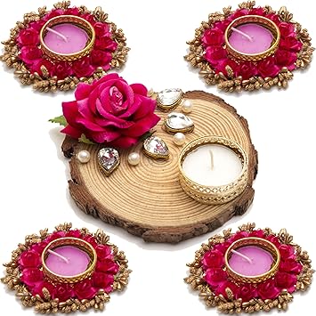 HomeSquare Floral Tealight Holder Diwali Diya with Artificial Stones - Set of 5