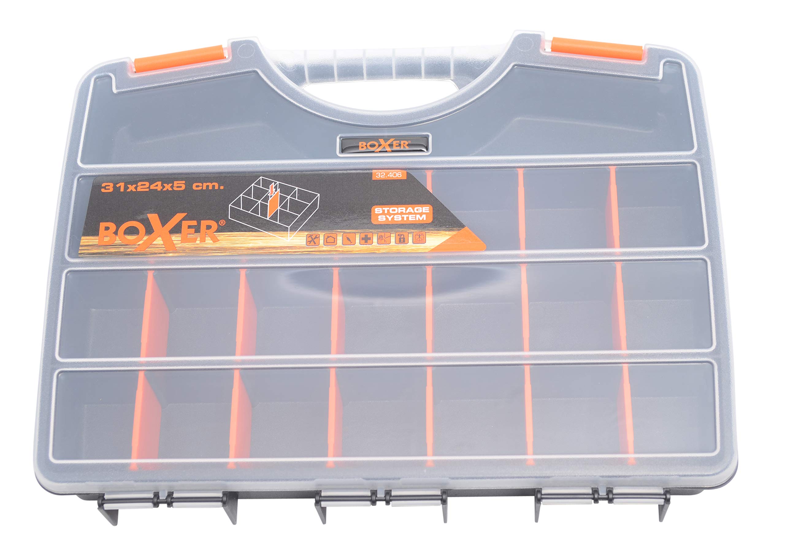 Boxer® Organiser Box with 21 Compartments – 31x24x5 cm – Adjustable Dividers – Durable Plastic Storage – Black/Orange/Clear
