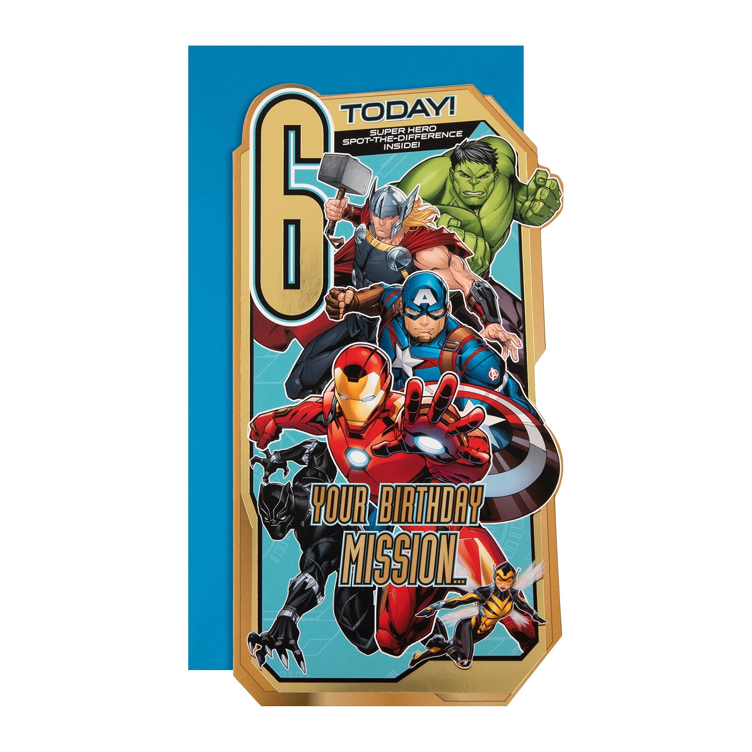 Hallmark 6th Birthday Card, MARVEL Avengers Design, Activity Inside, Gold, Blue