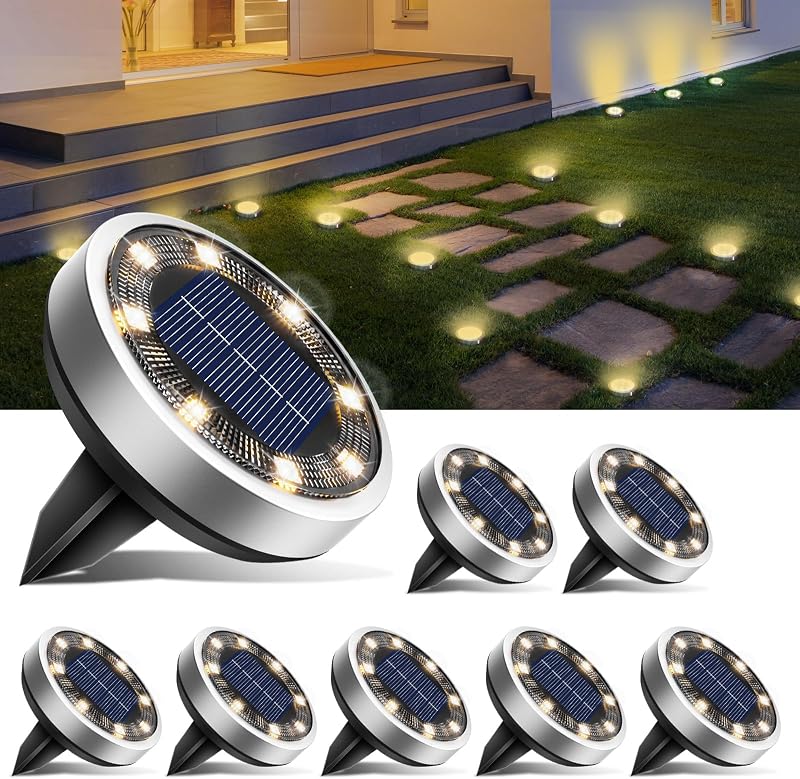BTFARM 8 Packs Luzes LED Solares Piso de Jardim ao Ar Livre, 8 Lâmpada Solar LED Jardim ao Ar Livre, IP65 Lâmpadas de Piso Solar Impermeáveis Caminho, Gramado, Pátio, Terraço (Branco Quente)