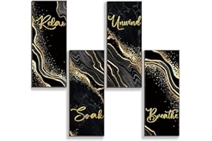 ONIZHITY 4 Pieces Black And Gold Bathroom Decor Gold Wall Decor with Relax Soak Unwind Breathe Wall Art Rustic Vintage Farmhouse Wooden Hanging Signs for Home Laundry Spa Living Room (Black Gold, 10 x 4 Inch)