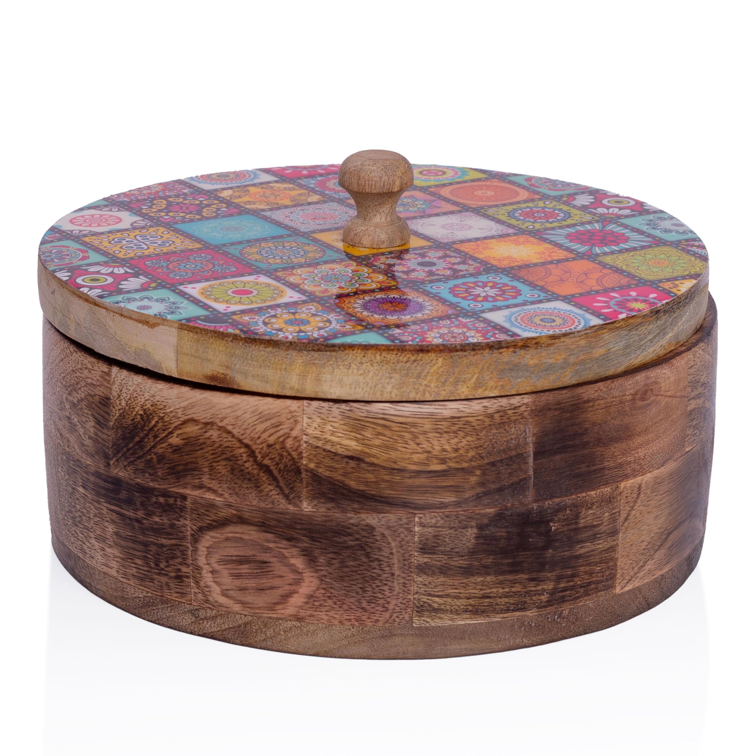 Handcrafted Wooden Mexican Tortilla Warmer Basket Indian Chapati Roti Bread Holder Box Pancake Keeper Serveware Hot Pot Casserole Dish With Lid Home Kitchen Dining Decor, Natural Brown, 23 x 7 cms