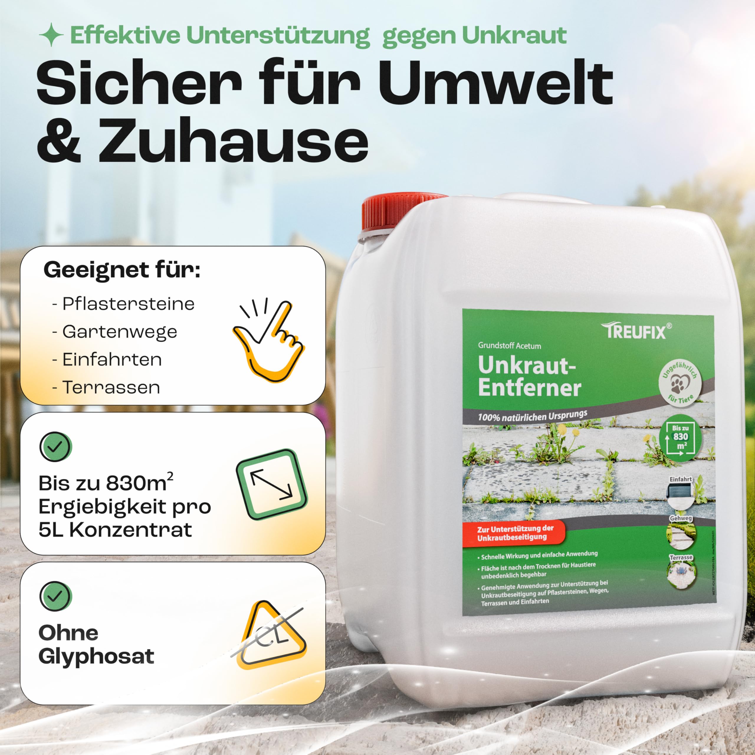 Treufix Konzentrat zur Unkrautentfernung Grundstoff Acetum (Essigsäure) Ohne Glypohosat zur Unterstützung bei Unkrautbeseitigung auf Pflastersteine, Gartenwege, Terrasse & Einfahrt 5L - Made in DE 2