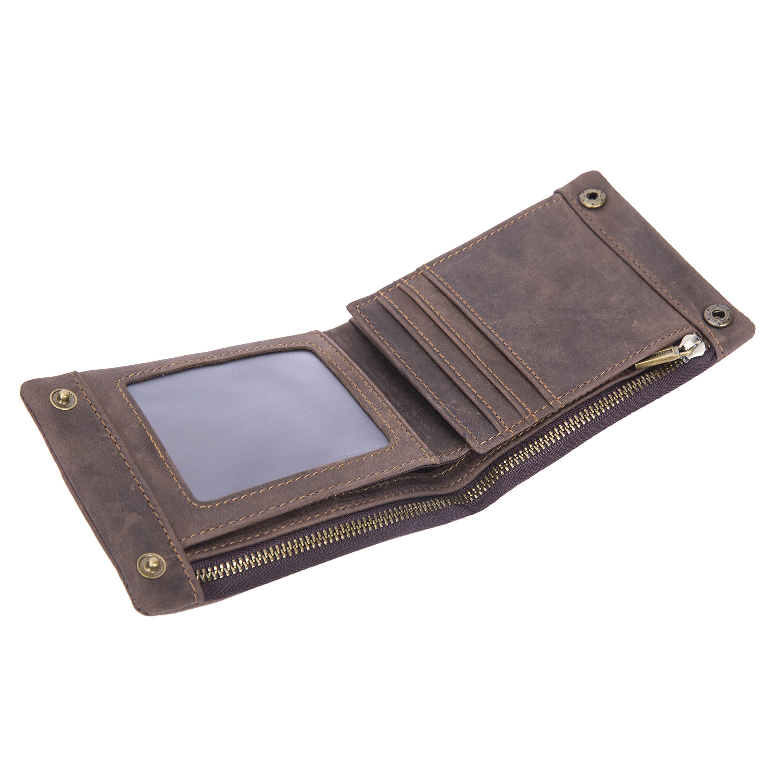 Mens Retro Leather Zipper Wallet Crazy Horse Calfskin Coin Pouch Card Case with ID Window - Dark Brown