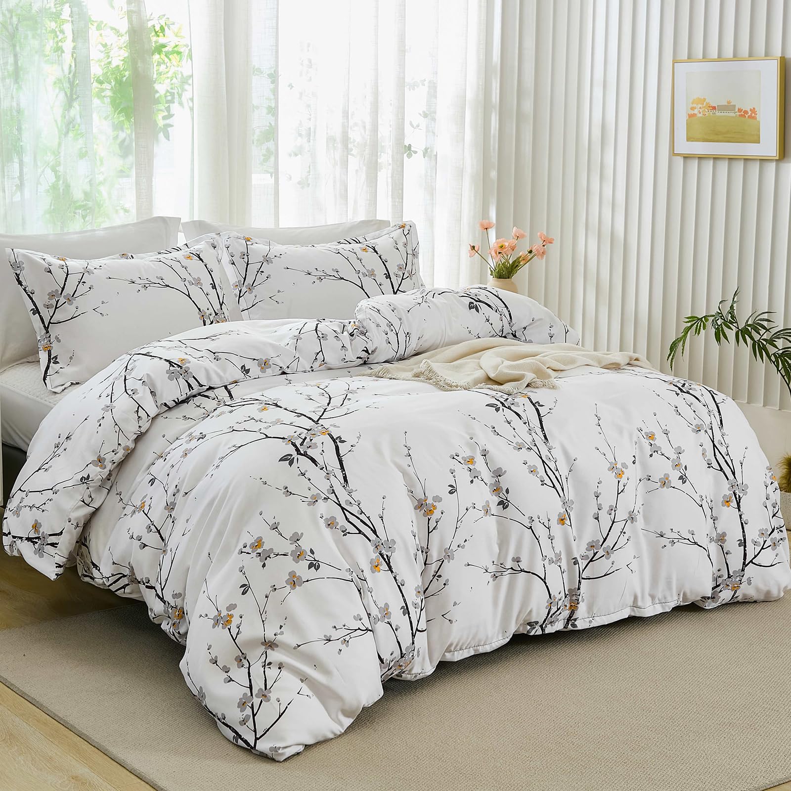 Floral White Bedding Set 3 Pieces Tree Branch and Plum Flower Printed Duvet Cover Set with 2 Pillowcases Botanical Soft Microfiber Duvet Cover Set for All Season Double Size 200x200 cm — image 1