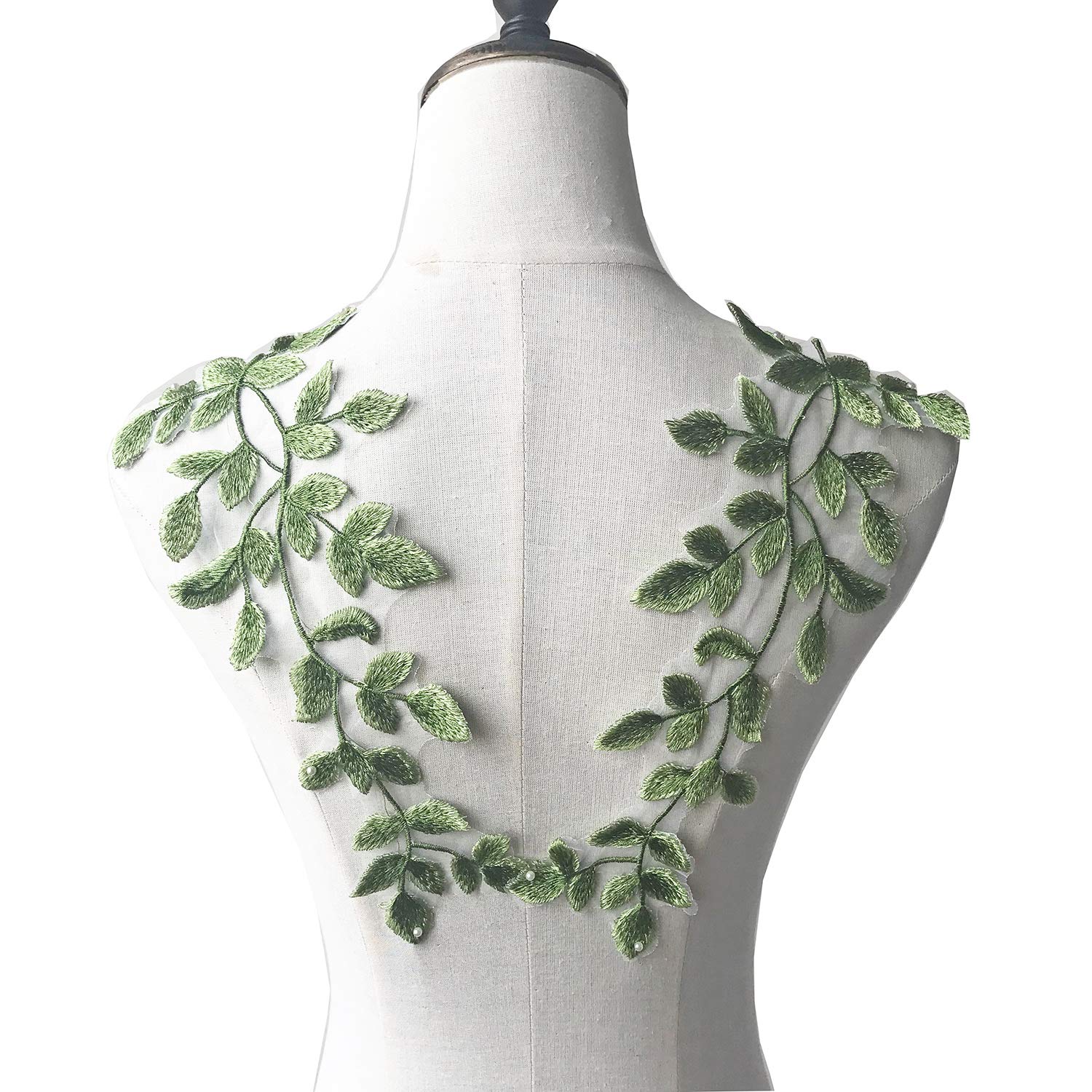 Mirror Pair Green Leaves Lace Applique Forest Vine Lace Trims Embroidery Sewing Patches for Costume Craft Projects (Green)