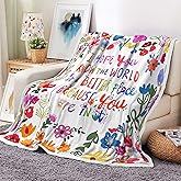 JAWO Colorful Floral Throw Blankets, Vibrant Boho Garden Flower Inspirational Motivation Letter Warm Cozy Bed Couch Blanket, Soft Comfy Fleece Flannel Throws Blankets Livingroom Bedroom Decor