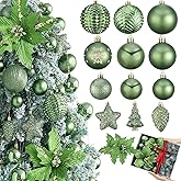 Christmas Ornaments Set, 48ct Green Shatterproof Christmas Tree Decorations Ball Large Glitter Christmas Flowers Hanging Ornament,for Xmas Trees Decor Indoor Home Holiday Party