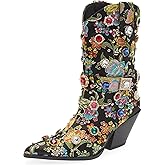 GPXGPX Western Cowboy Boots For Women Flower Embroidered Rhinestone Mid Calf Pointed Toe Chunky Heel Cowgirl Boots