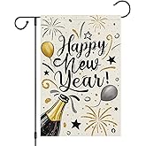 Heyfibro Happy New Year Garden Flag 12x18 Inch Double Sided Burlap Firework Christmas Champagne Balloon Celebration Banner for Winter Holiday Party Yard Outdoor Decoration(ONLY FLAG)