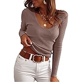 ANRABESS Womens Ribbed Fitted Sweater Long Sleeve Shirts Scoop Neck Lightweight Casual Knit Slim Tops 2025 Fall Outfits