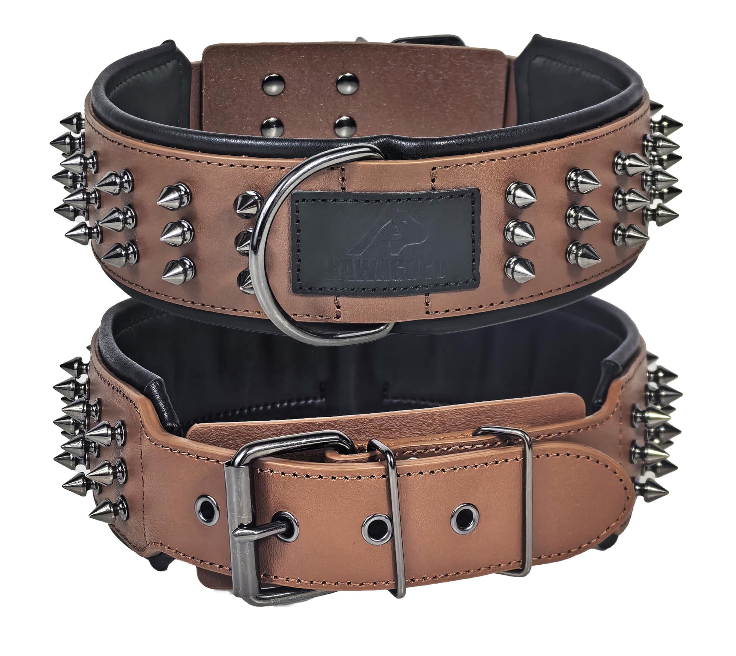 Photo 1 of Kawagogo Spiked Real Leather Dog Collar?Handmade Dog Collar for Large Dogs?2.2 Inches Wide?German Shepherd Pitbull Doberman (Brown, 19''-22'')