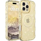 FABSPARK Case for iPhone 14 Pro,Compatible with MagSafe,Magnetic Clear Curly Wavy Frame Wave Case with Sparkly Bling Glitter,Transparent Acrylic Hard PC for iPhone 14 Pro,Glitter Clear Yellow