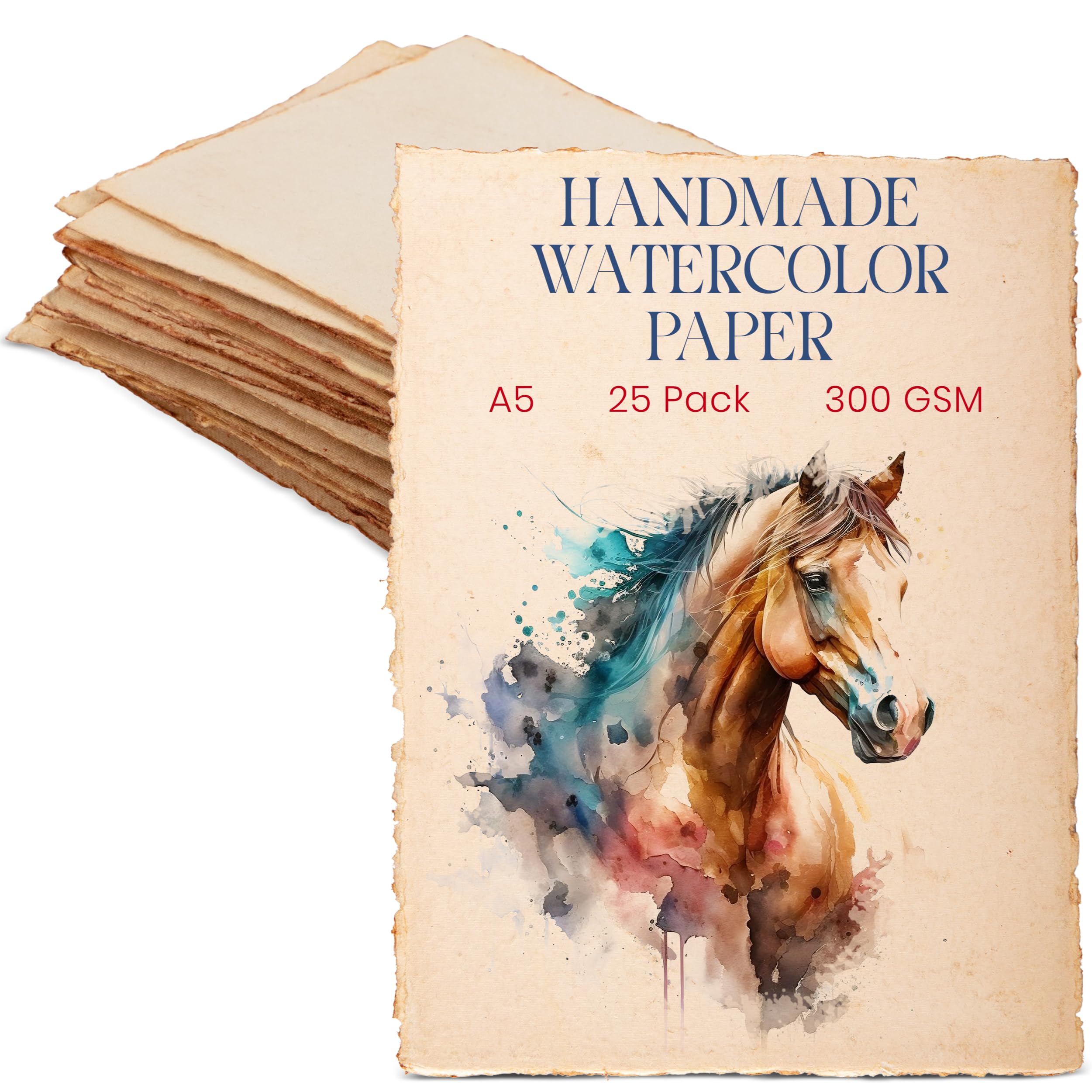 Wanderings Vintage A5 Size Watercolor Paper with Deckle Edge - 15x21 cm - 300GSM - Premium White Cold Press Textured Mixed Media Paper Made with Recycled Cotton - 25 Loose Leaf Sheets