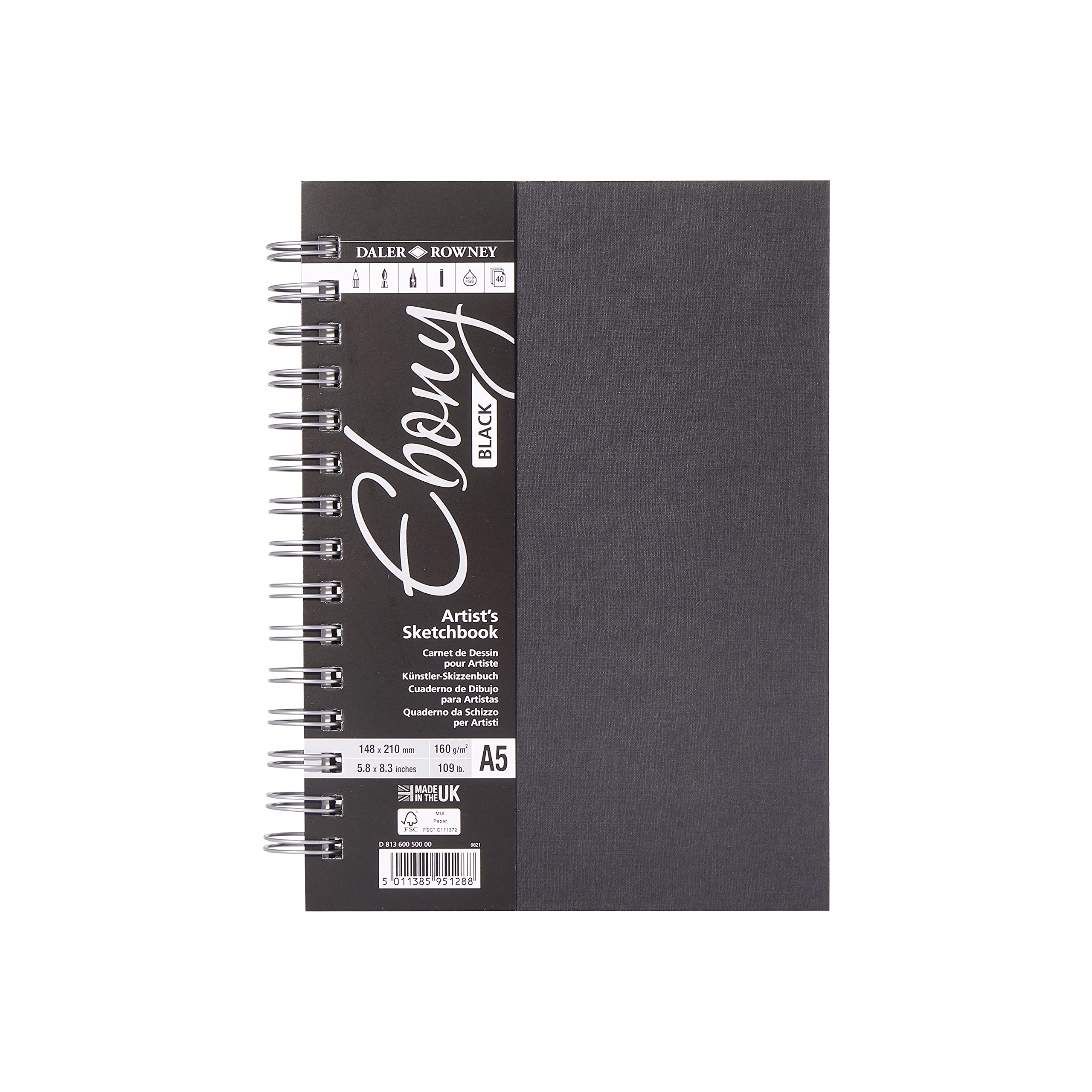 Daler-Rowney Ebony 160gsm A5 Portrait Sketchbook, Spiral Bound, 40 Black Sheets, For Professional Artists & Students — image 1