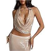 MakeMeChic Women's Sequin Cowl Neck Backless Halter Top