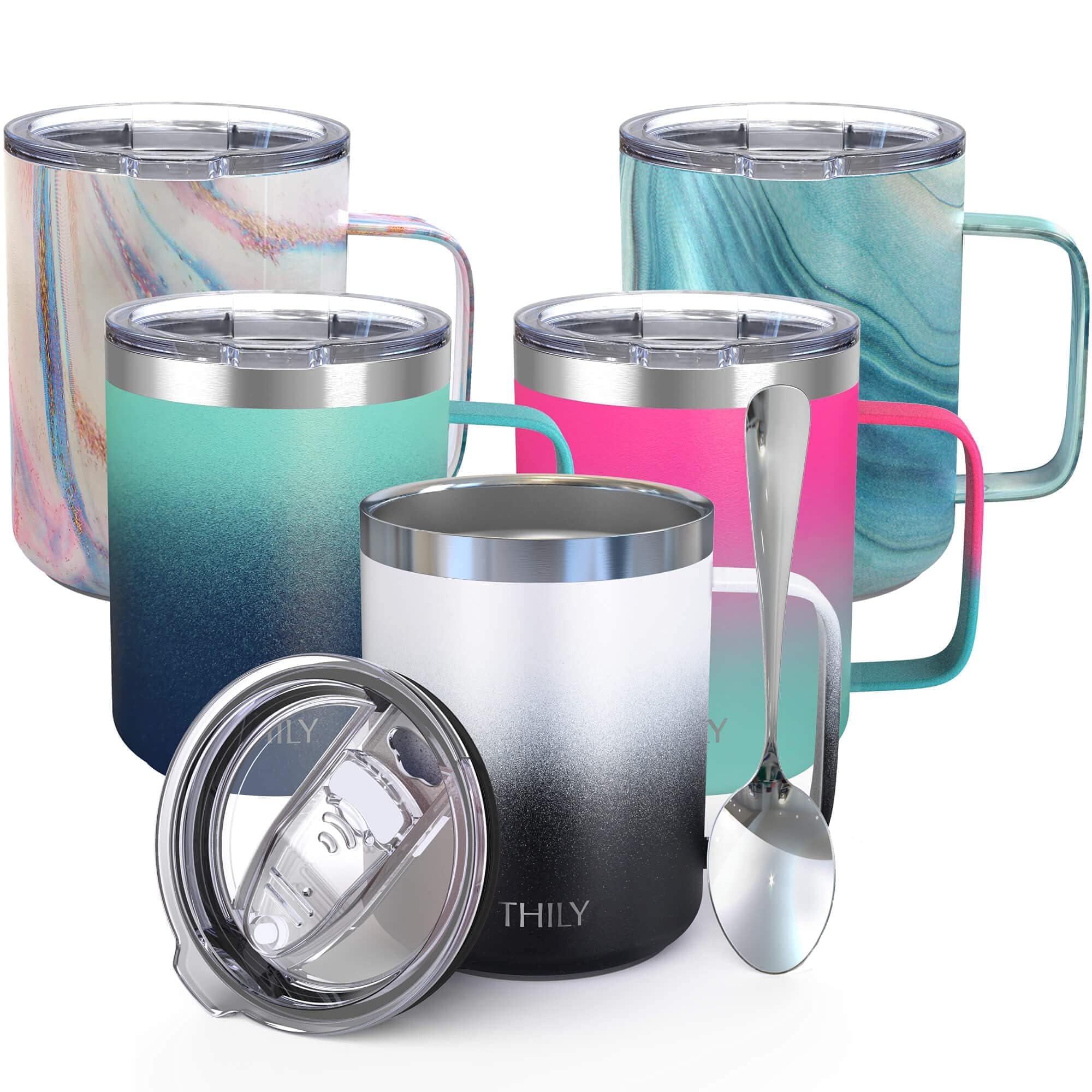 THILY Stainless Steel Insulated Travel Mug 350 ml Vacuum Insulated Coffee Cup with Handle, Spill-Proof Lid, Keep Coffee Cold or Hot, Ombre: Black & White