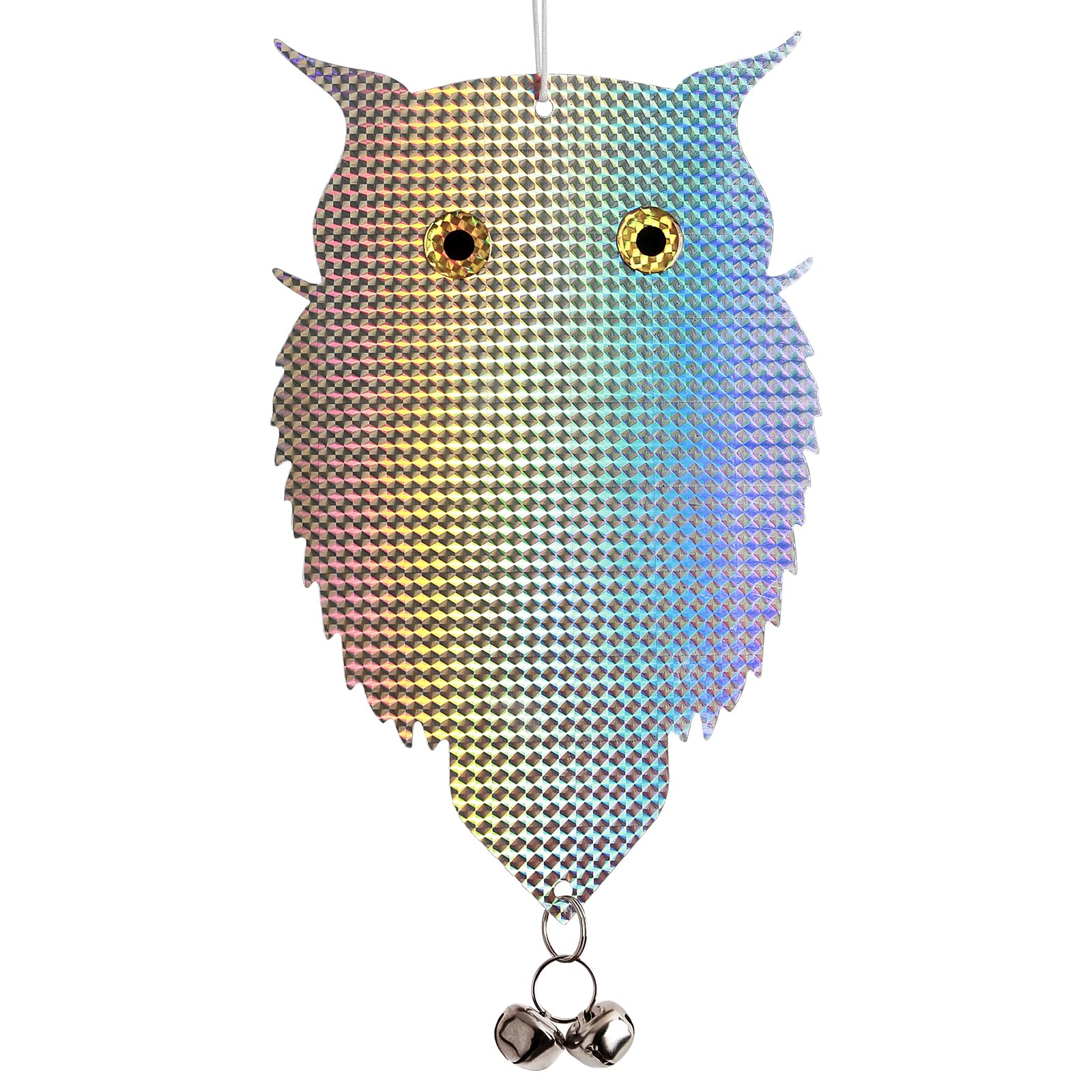 OFFO Owl Decoy for Pigeon Deterrent Hanging Outdoors Reflective Plastic Owls to Scare Pigeons to Keep Birds Away on Gardens with Bells 30cm 1 Pcs