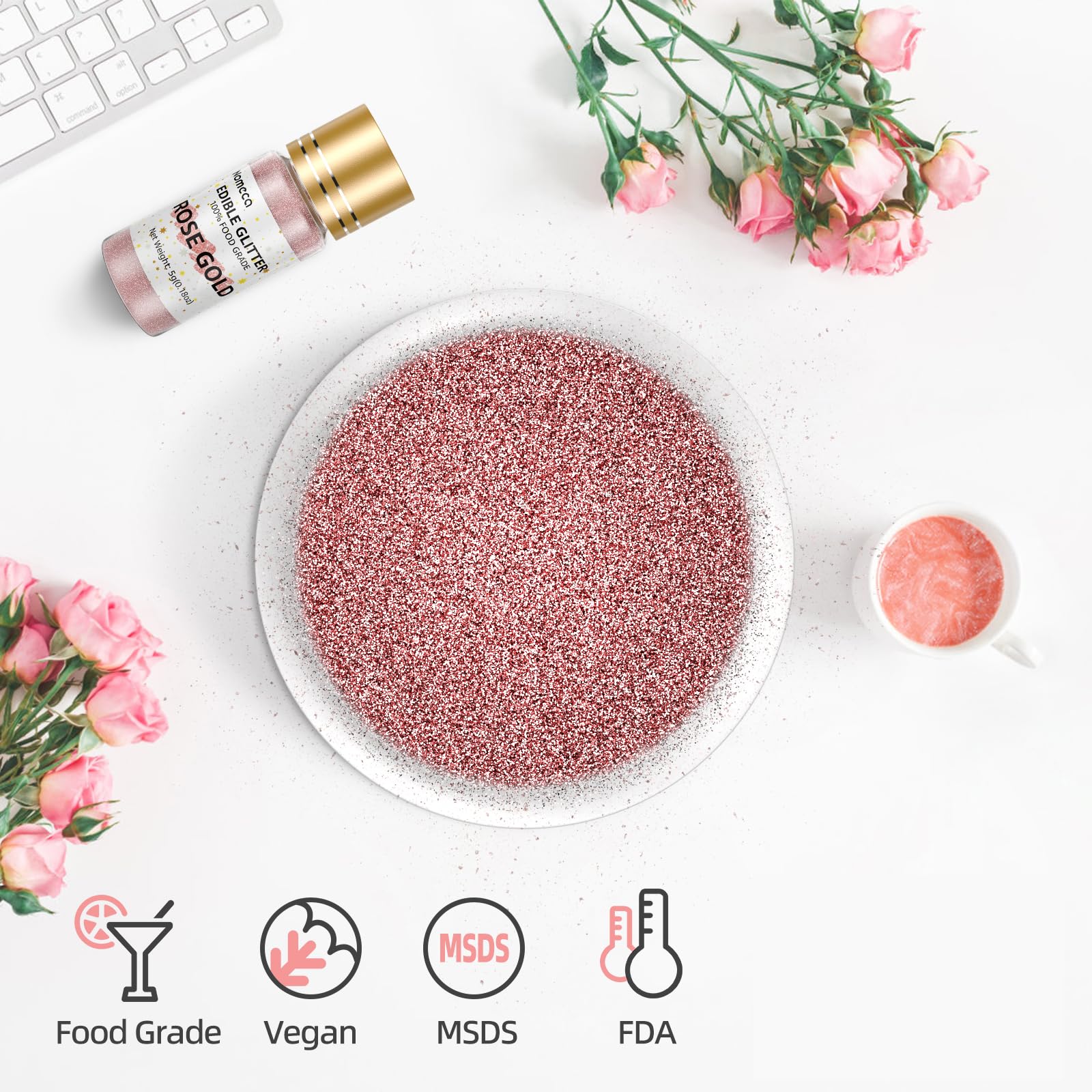 Edible Glitter for Drinks 5g Edible Shimmer for DIY Wine Cocktails Champagne Beverages, Food Grade Coloring Rose Gold Glitter Dust Certified Vegan Gluten Free Nut Free Dye