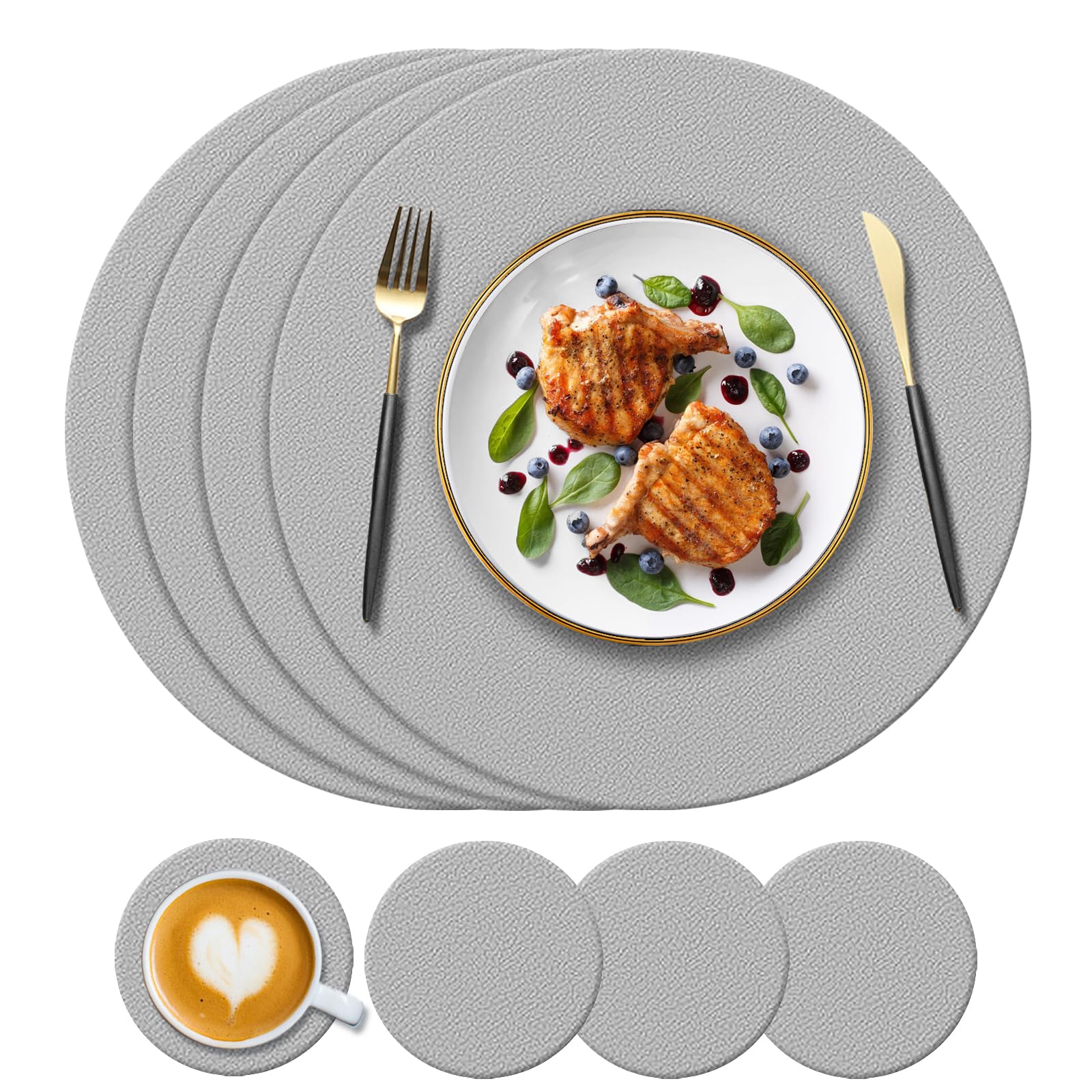 KERYCHIN 4 Round Silicone Placemats(34cm) and 4 Coasters(10cm) Set, Heat-Resistant 450 °F Place Mats, Non-Slip and Washable, Table Mats for Restaurant Indoor, Outdoor Glass Dining Table, Light Grey