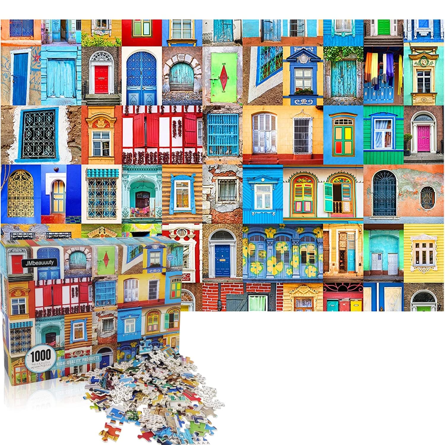JMbeauuuty Puzzle 1000 Pieces Adult Classic Puzzles Multicoloured Puzzle Colourful from 14 Years - Colourful Door and Window of the World