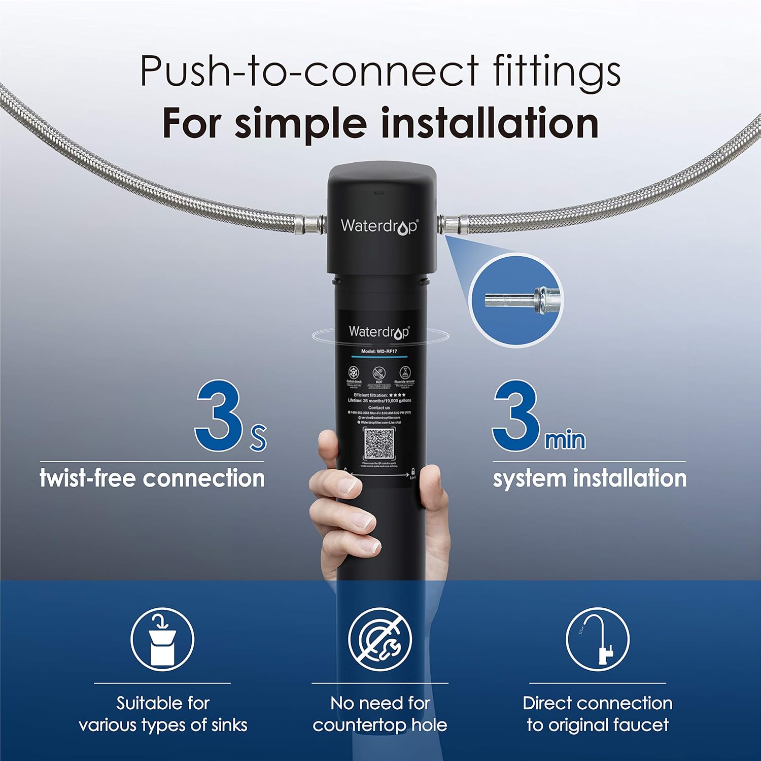 Waterdrop 17UA Under Sink Water Filter System, Main Faucet Under Counter Water Filtration System, Removes 99% Lead, Fluoride, Chlorine, Bad Taste & Odor, 3 Years Ultra Long Lifetime, USA Tech, 0.5μm - - 