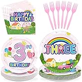 96Pcs Pink Pig 3rd Birthday Party Decorations Pink Piggy Paper Plates and Napkins Cartoon Pig Theme 3 Years Old Birthday Disposable Tableware Set for Kids Girls Baby Shower Party Supplies, Serves 24