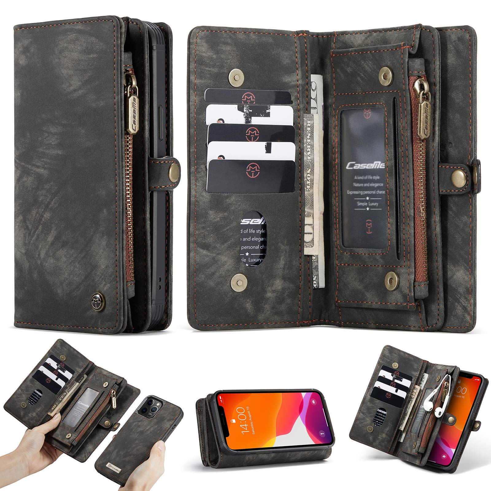 CaseMe for iPhone 12 /iPhone 12 Pro Case, Multi-Function Retro Handmade Leather Wallet Case with Card Slots and Magnetic Back Cover Detachable Flip Zipper Case for iPhone 12/12 Pro 6.1 inch (Black)