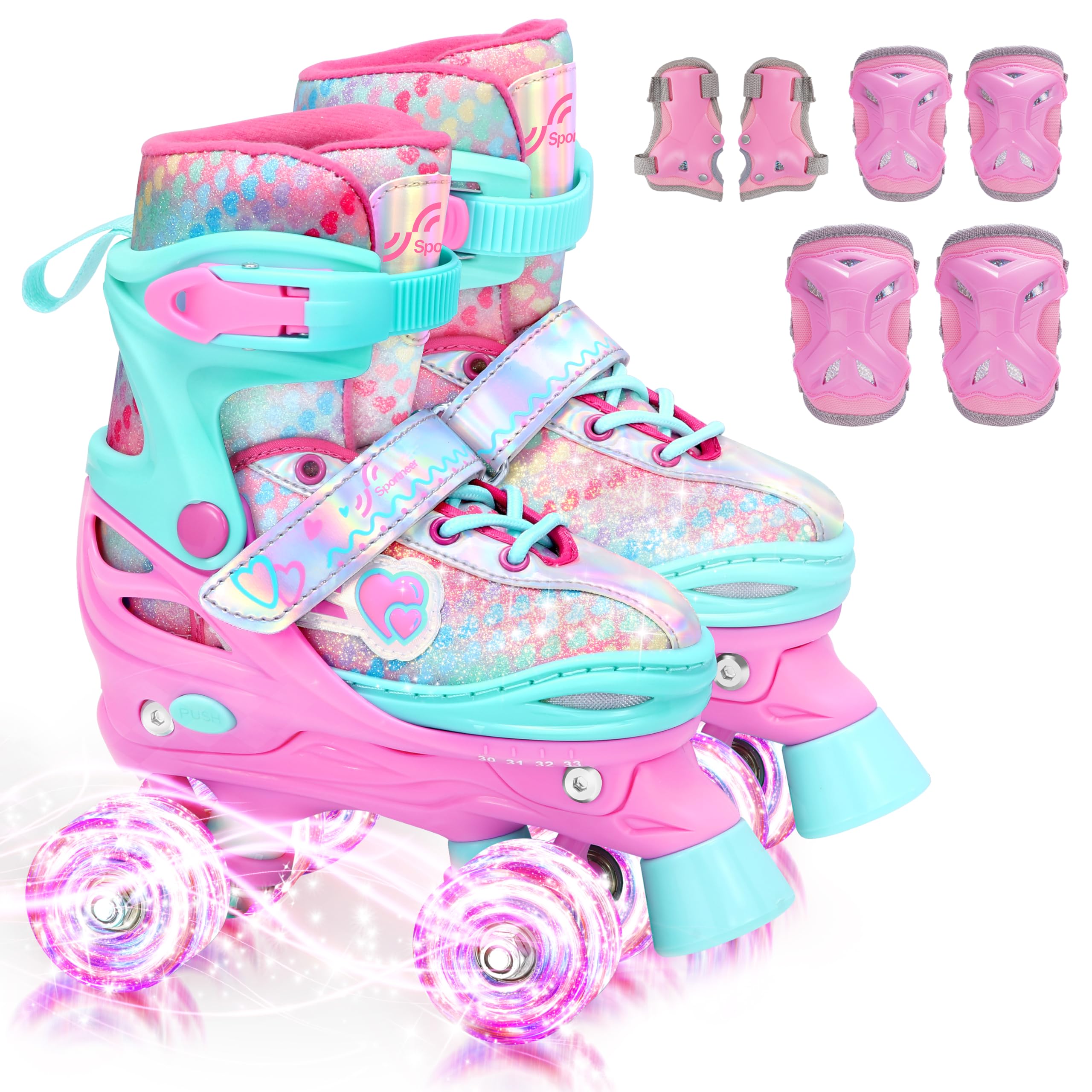 Roller Skates for Girls, Roller Skates 4-Size Adjustable with 6 Protective Gear Set, 8 Light Up Wheels Kids Roller Skate for Toddler Girls Youth Beginner, Ideal Christmas Birthday Gift