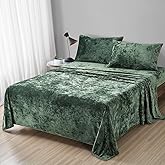 Fredsure Distressed Velvet Sheet Set, 4 Pieces Blackish Green Queen, Ultra Soft, Warm