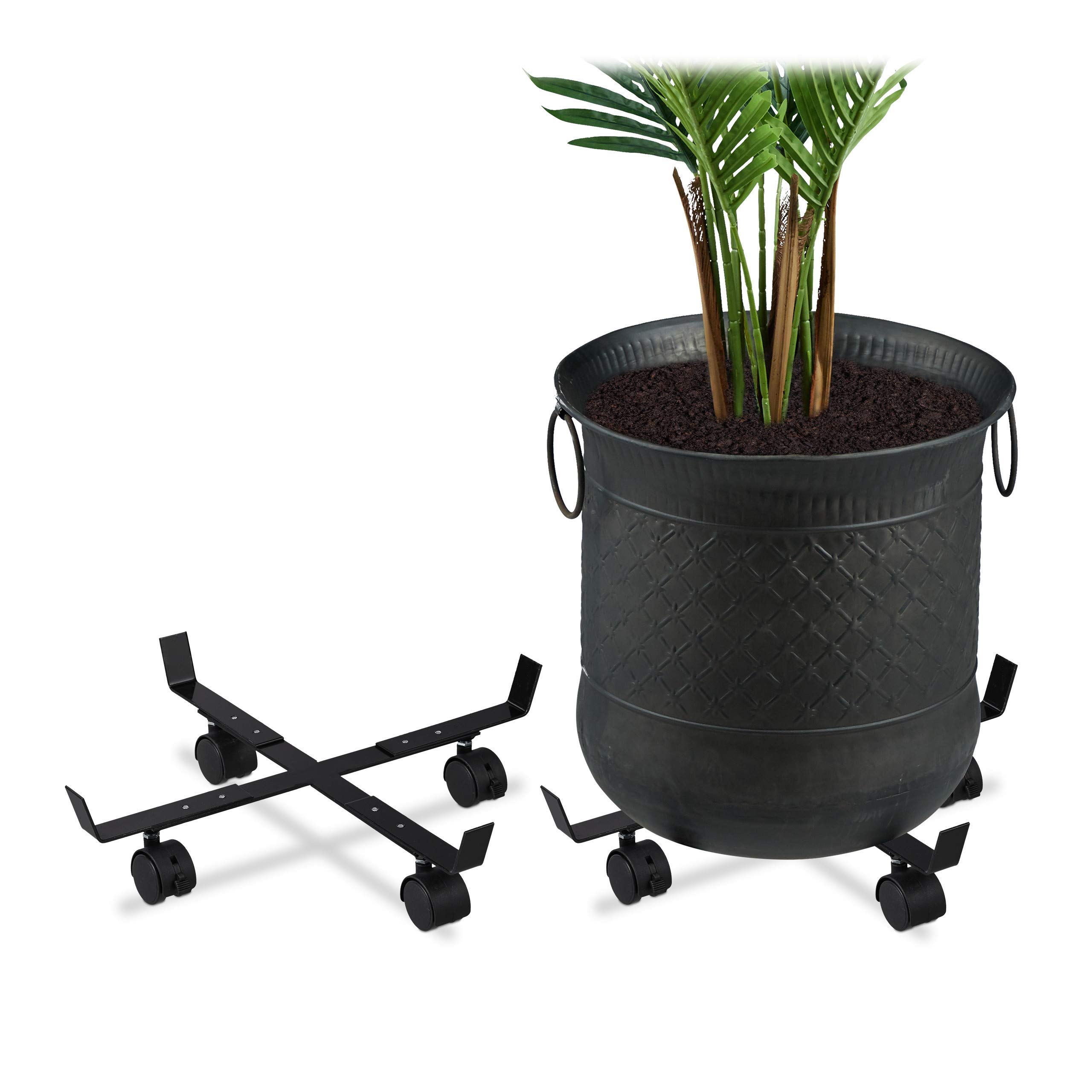 Relaxdays Extendable Plant Caddy, Set of 2, Indoors & Outdoors, Wheels, Trolley for Pots with Max. 43 cm Ø, Metal, Black