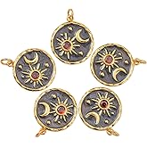 COGCHARGER 5pcs Flat Round Brass Charm with Moon & Star, Cubic Zirconia, 18K Gold Plated, DIY Jewelry Making