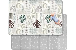 BABEBAY Baby Play Mat, Soft Foam Play Mats for Floor, Foldable Waterproof Playmats for Babies and Toddlers Kids, Reversible Baby Crawling Mat for Indoor and Outdoor, Tropical Boho Geometric Design, 79''x51''