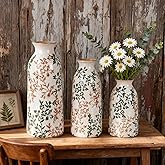 Green & Brown Ceramic Decorative Vase Set of 3, Tuscan Rustic Pottery Vase, Farmhouse Table Pampas Grass Vases for Coffee Tab