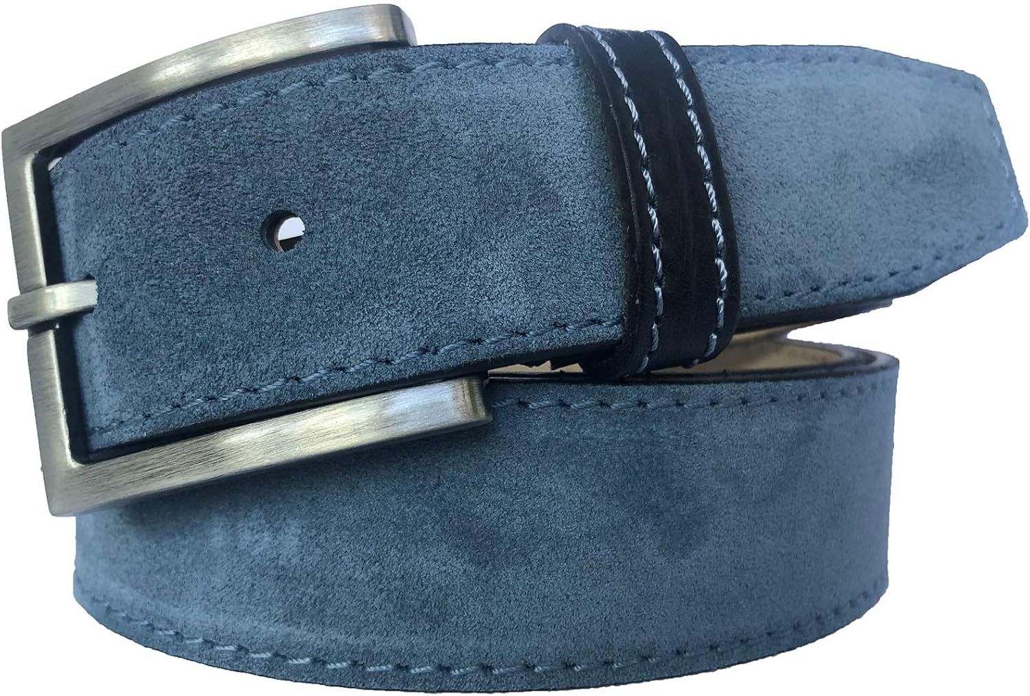MENS BELT 100 ITALIAN BLUE SUEDE WITH CONTRAST LEATHER LOOP 35MM