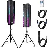Portable Bluetooth PA System, 2000W Active &amp; Passive Speaker with SpeakOn Connector, Mic Input, Party Lights, USB/SD Reader, FM Radio, Tripod &amp; Remote Control for Outdoor/Indoor Events