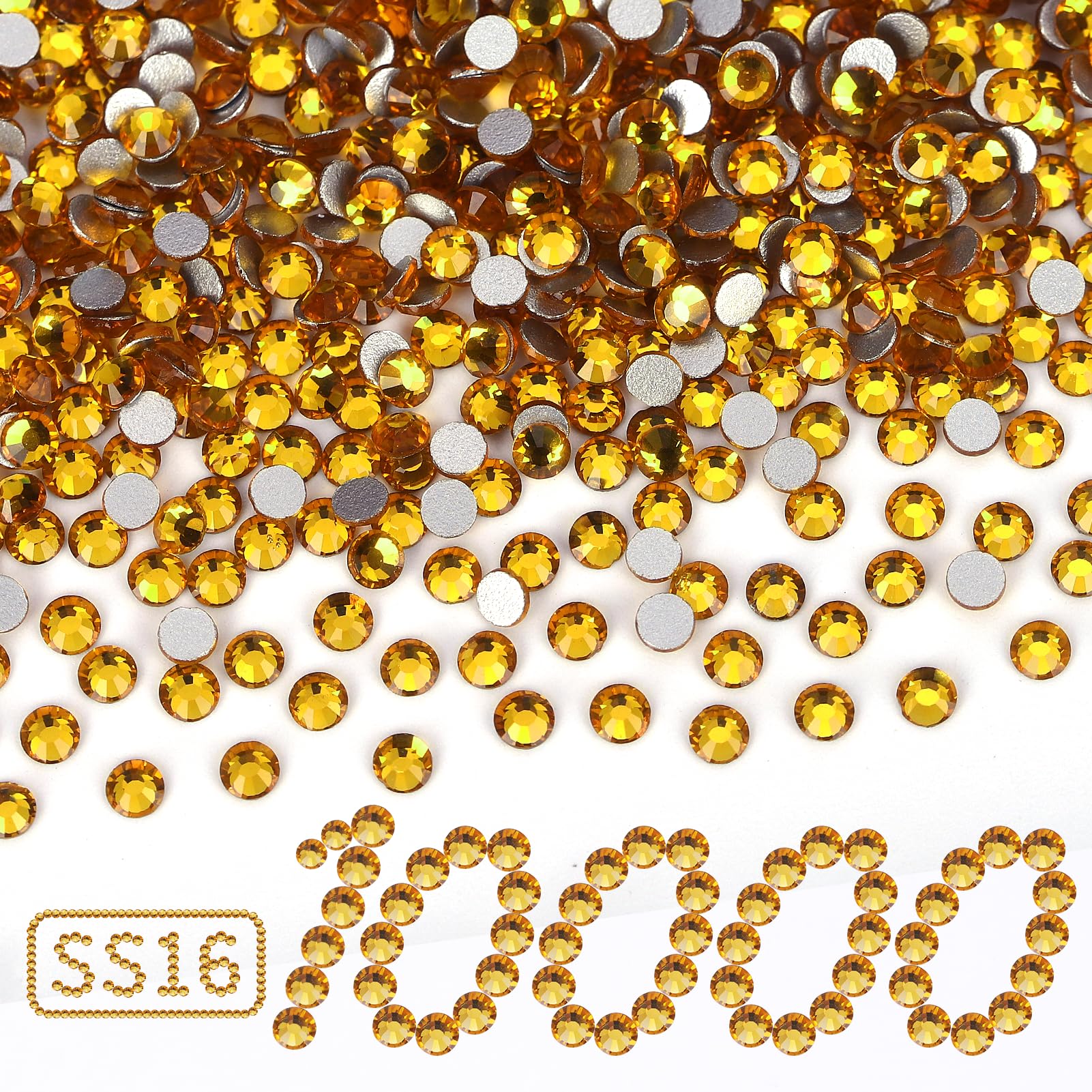 Photo 1 of 10000PCS Gold Yellow Rhinestones Bulk, Flat Back Crystal Glass Stone Round Gems,SS16, 3.8-4.0mm