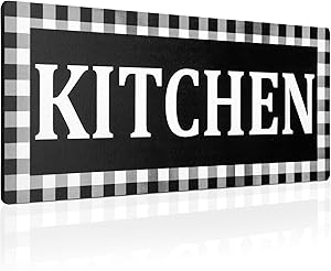 Wooden Kitchen Sign Wall Decor 13.8 x 5.1 Inches Rustic Buffalo Plaid Wall Sign Black and White Vintage Farmhouse Kitchen Decor for Home Kitchen Dining Room Restaurant Coffee Shop (Black)