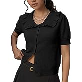 Watashi Womens Short Sleeve Cardigan Casual Button Down Ruffle Collared Lightweight Knittwear Summer Sweater Top