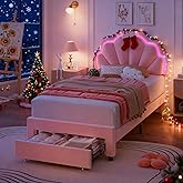 HIFIT Twin Upholstered Smart LED Bed Frame with Storage Drawer and Adjustable Chic Double Petal Headboard, Princess Platform Bed for Girls/Kids, Solid Wood Slats Support, No Box Spring Needed, Pink