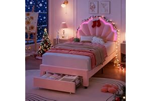 HIFIT Twin Upholstered Smart LED Bed Frame with Storage Drawer and Adjustable Chic Double Petal Headboard, Princess Platform Bed for Girls/Kids, Solid Wood Slats Support, No Box Spring Needed, Pink