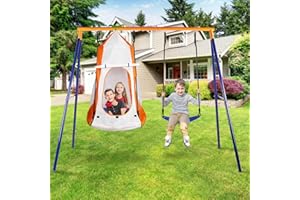 Lunafun Swing Sets for Backyard, 1 Detachable Hanging Tent Saucer Swing and 1 Belt Swing Seat, 440lbs Heavy-Duty Metal A-Frame 3 Ways to Play