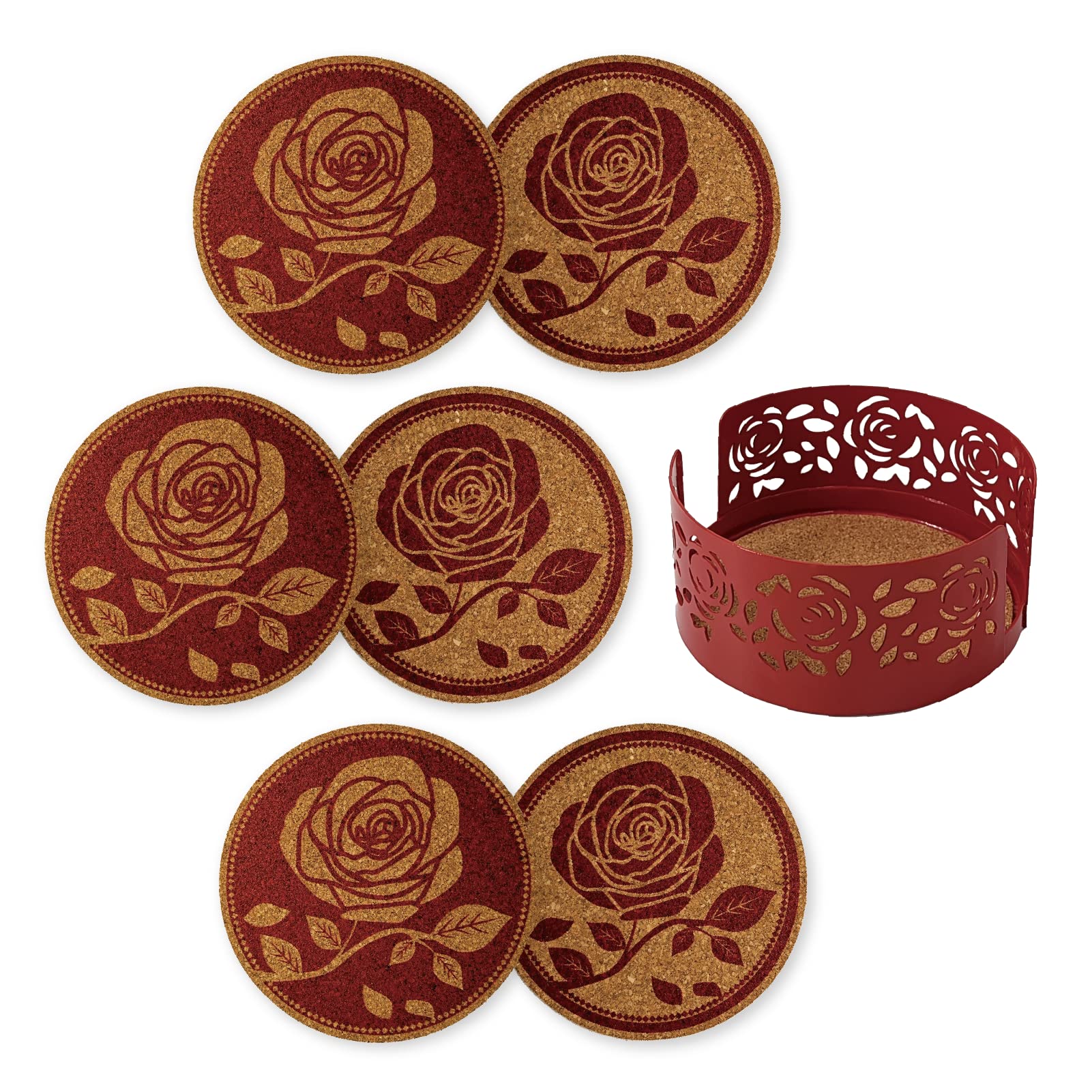 Mango Steam Set of Six Rose Decorative Coasters For Drinks & Mugs With Metal Holder, Red