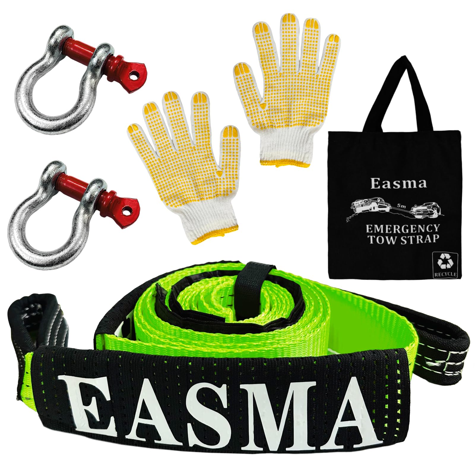 Tow Rope 5M x 5cm, Heavy Duty Recovery Towing Strap 10 Ton (22,000 Lbs) Towing Strap with 2 D Ring Reinforced Shackles for Car, Truck, Off-Road, SUV, UTV, ATV Emergency Car Kit Accessories (Green)